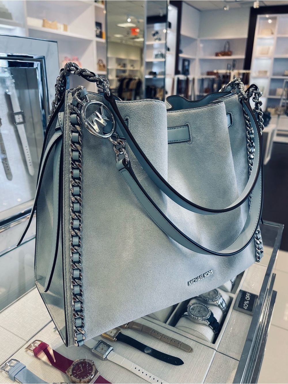 Michael Kors Mina Large Suede Chain Shoulder Bag Pale Ocean Blue Leather NWT - Picture 4 of 16
